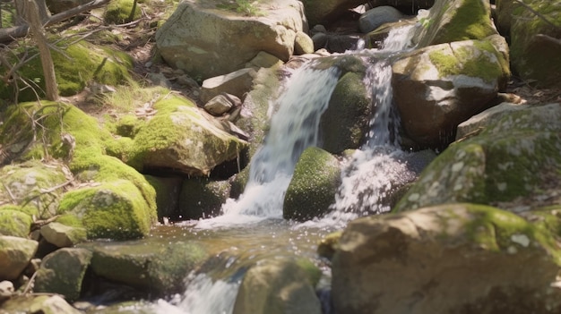 A serene waterfall cascades through a rocky stream creating a picturesque scene of nature39s beauty