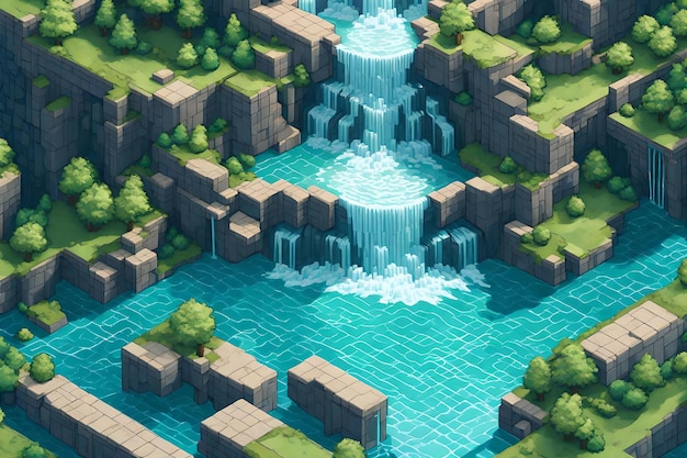 Serene waterfall isometric insanely detailed super resolution