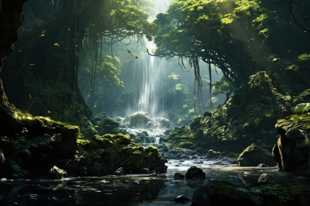 Serene Waterfall in Lush Forest Setting Generative AI