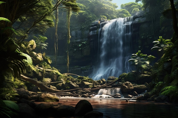 Serene Waterfall in Lush Forest Setting Generative AI