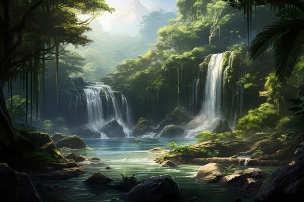 Serene Waterfall in Lush Forest Setting Generative AI