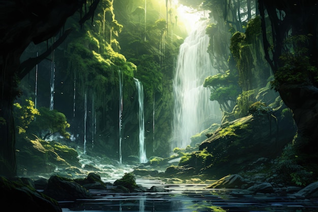 Serene Waterfall in Lush Forest Setting Generative AI