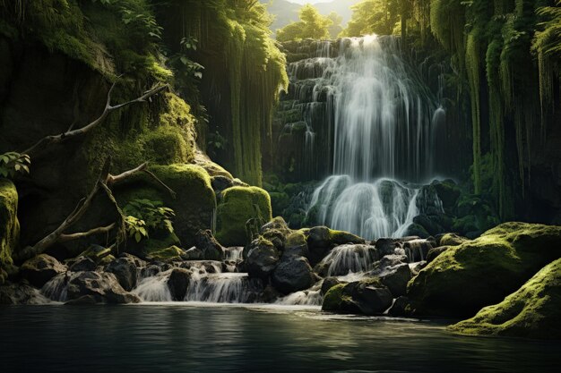 Serene Waterfall in Lush Forest Setting Generative AI