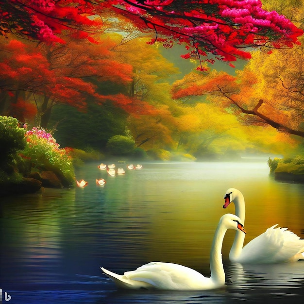 A serene waterfall river with swan scene with trees in full bloom