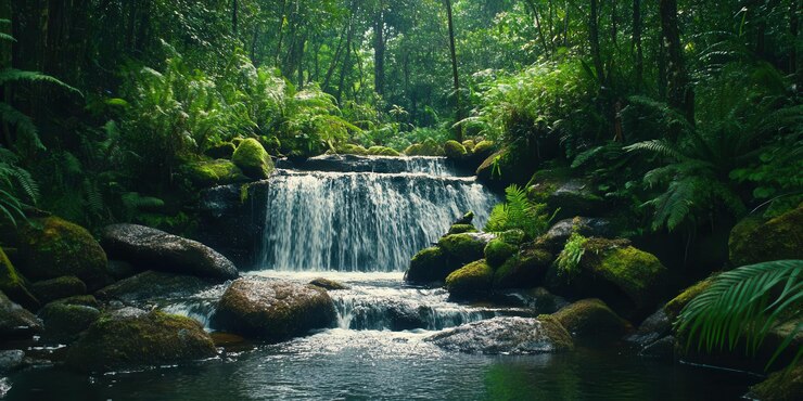A serene waterfall surrounded by lush greenery in a tropical forest