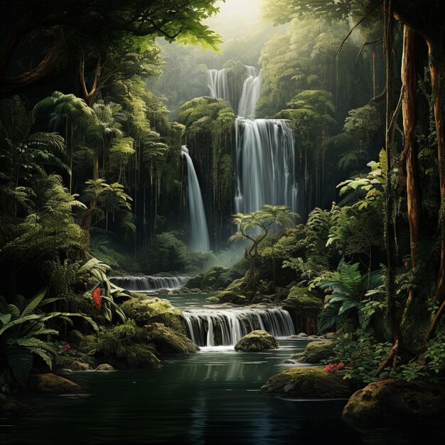 A serene waterfall surrounded by lush greenery