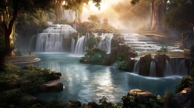 Photo a serene waterfall with mist rising from the pool