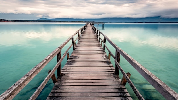 Serene watergebied met Arafed Houten brug en boot in de verte verbeterd door Generative AI