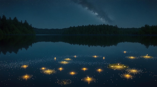 Serene waterringen in het nachtmeer met vuurvliegjes foto Generatieve AI