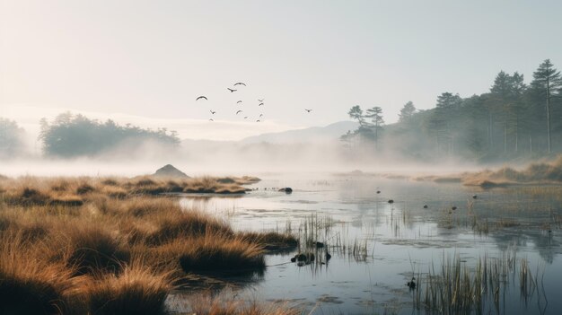 Serene wetland met aalgras en vogels in Noorse natuurstijl