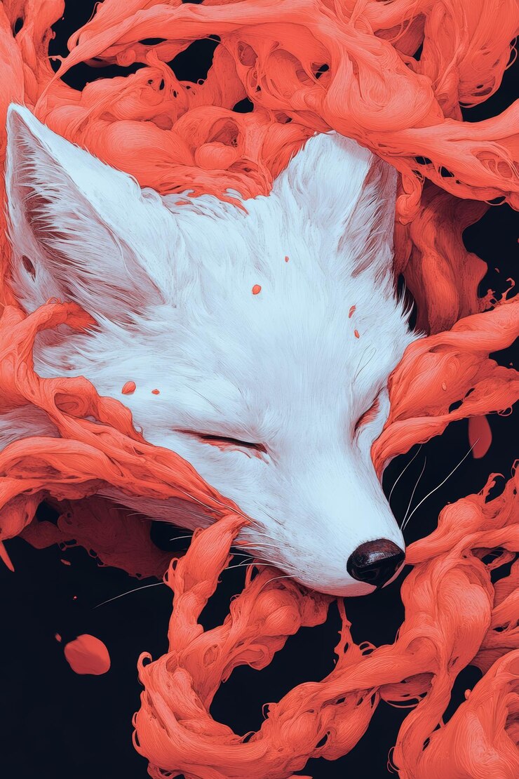 Photo a serene white fox resting peacefully among vibrant swirls of red at twilight