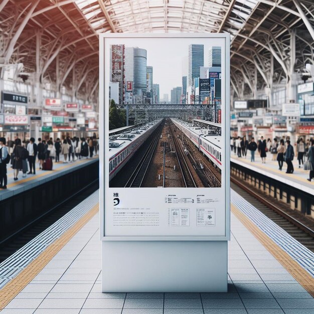 serene white poster mockup blending seamlessly with the bustling charm of a Japanese railway