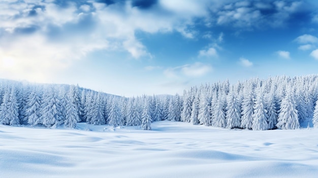 雪の結晶で満たされた空の下、雪に覆われた穏やかな冬の森