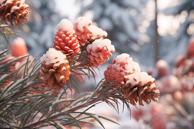 차분 한 겨울 숲 풍경 눈 인 소나무 가지 와 미묘 한 아름다움 이 있는 조용 한 배경