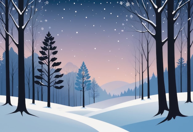 눈 인 높은 나무 들 과 휘어지는 길 이 있는 조용 한 겨울 숲