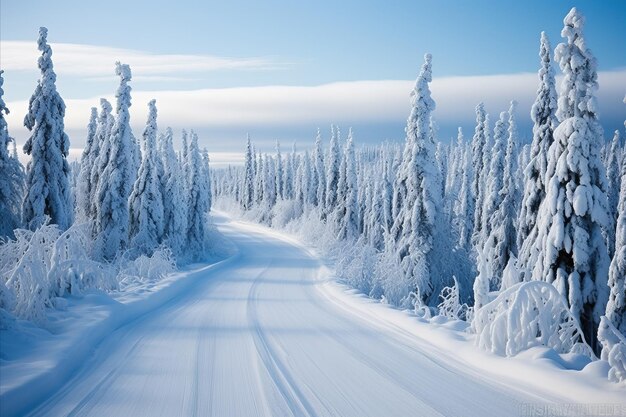 Photo a serene winter landscape scenic road meandering between sparkling frostadorned trees