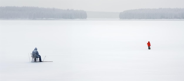 寒さと氷に勇敢な釣り手が 雪に覆われた湖で釣りをする間 自然の美しさに没頭する 静かな冬の風景