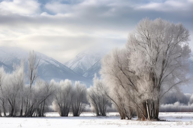 生成 AI で作成された雪山と木々のある穏やかな冬の風景