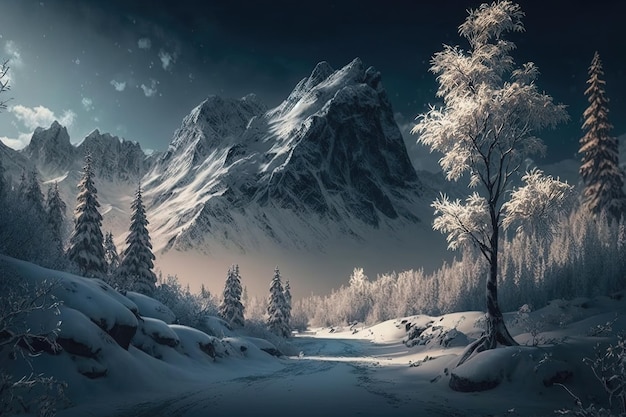雪に覆われた木々と森へと続く凍てついた小道がある穏やかな冬の風景 AI によって生成された