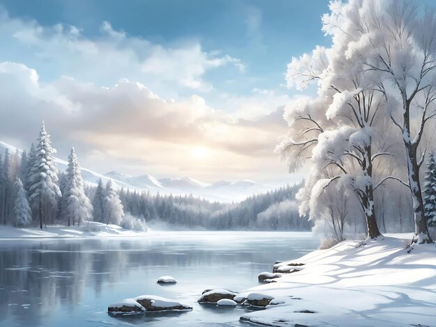 눈으로 인 나무와 얼어붙은 호수와 함께 평온한 겨울 풍경