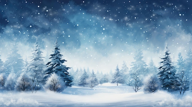 a serene winter landscape with snowcovered trees and a gentle falling snow