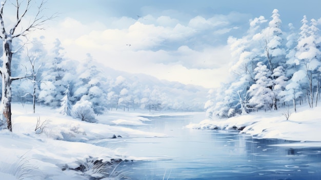 a serene winter landscape with snowcovered trees and a gentle falling snow