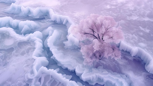평화로운 배경을 위해 완벽한 얼어붙은 지형 속에서 외로운 나무와 함께 평온한 겨울 풍경 AI