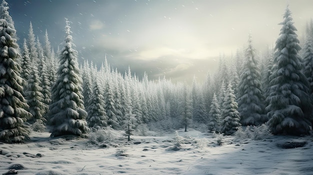 Foto serene winter scène besneeuwde immergroene rustige bos sneeuwbeladen bomen winter wonderland vreedzame bossen sneeuw bedekte landschap schilderachtige besneeuwen bossen gegenereerd door ai