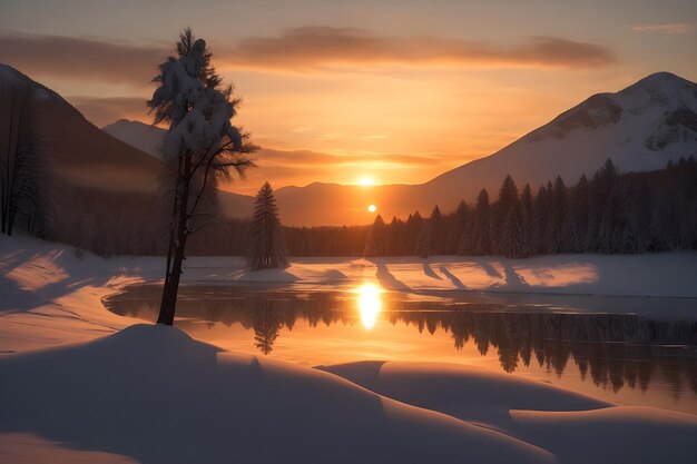 A serene winter scene at sunset with snowcovered trees a frozen lake generative by Ai