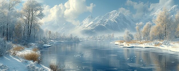 Foto una serena scena invernale sullo sfondo di un fiume ghiacciato