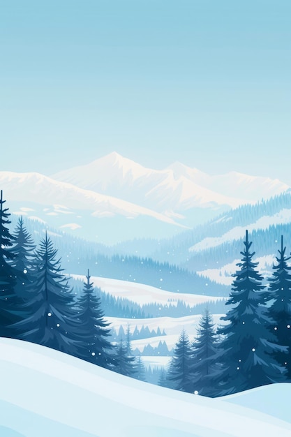 Serene winterlandschap met met sneeuw bedekte bomen en bergen
