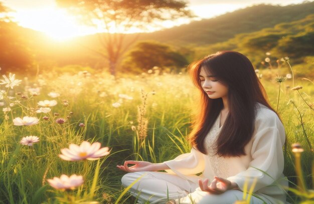 Спокойная женщина Азия в духовной деятельности на лугуСпокойная женщина Азия с солнечным закатом