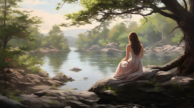 Serene Woman by the Lake Beautiful in a White Dress