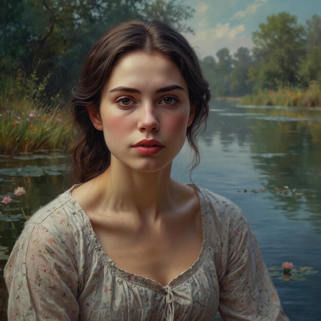 물  에 있는 평온 한 여자 야외 에 있는 소녀 의 초상화