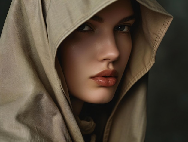 Serene Woman in EarthTone Hood CloseUp Portrait Generative AI