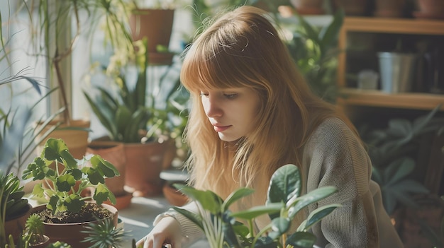 緑豊かな屋内で植物の世話をする静かな女性カジュアルで自然なライフスタイルブログに最適なAI