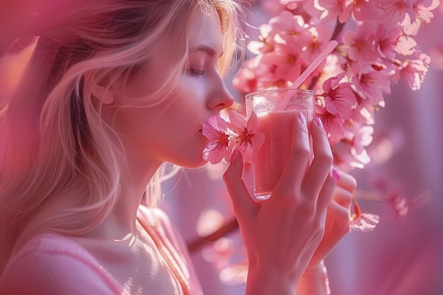 Serene Woman Enjoying Fragrant Cherry Blossoms in Soft Pink Hues A Portrait of Springtime Bliss and