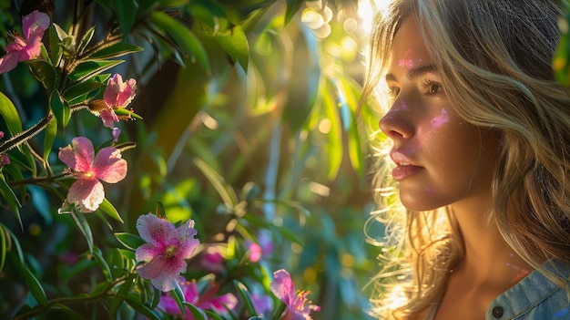 Photo serene woman enjoying golden hour amongst blooming flowers in a peaceful garden setting