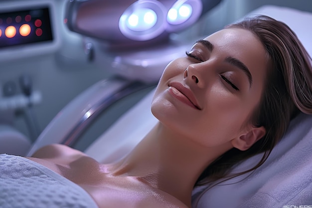 Serene woman enjoying a luxurious facial treatment under a modern LED light therapy lamp