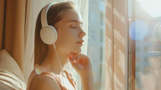 Serene Woman Enjoying Music on Headphones in Golden Hour Light Calm and Stylish Perfect for Relaxation Themes AI