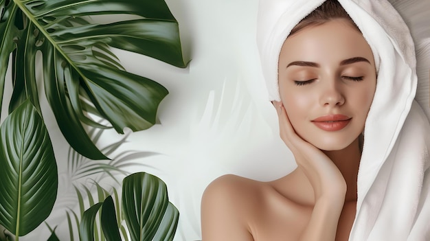Serene woman enjoying spa day surrounded by tropical leaves beauty relaxation selfcare concept AI