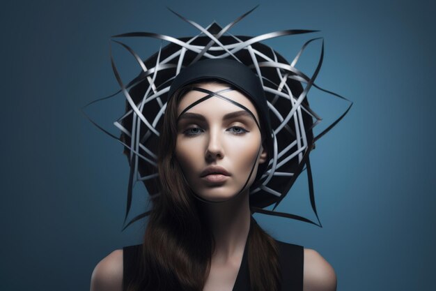 Photo serene woman in a geometricinspired headpiece with soft flowing hair and a peaceful expression