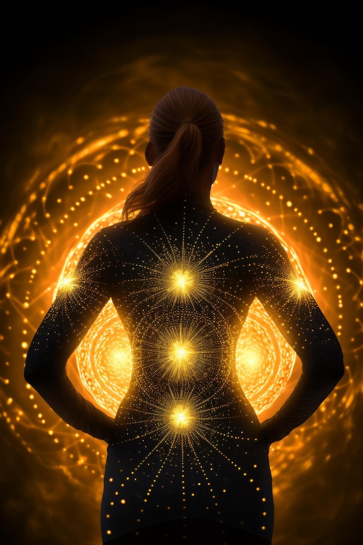 Photo serene woman in golden glow sacred chakras aglow generative ai