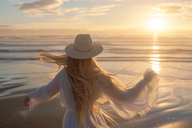 Serene Woman in Hat Watching the Sunset by the Water