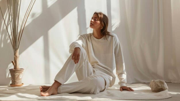 사진 serene woman in white loungewear enjoying sunlit room