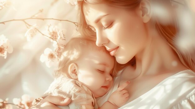 평온한 여자가 사랑으로 그녀의 팔에 평화로운 아기를 안고 어머니의 보살의 본질을 구현합니다.