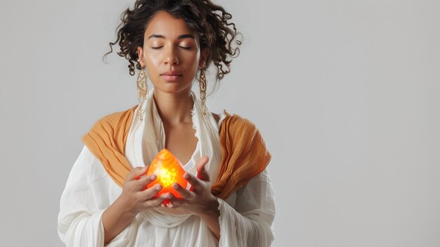 Serene woman meditating with glowing light in hands Calm and peaceful expression Contemporary portrait wellness concept Lifestyle imagery for modern design needs AI