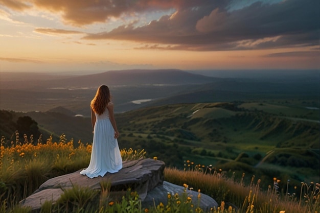 Foto una donna serena che si affaccia su un paesaggio vibrante al tramonto