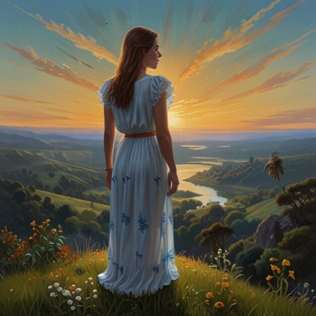 Photo serene woman overlooking a vibrant landscape at sunset