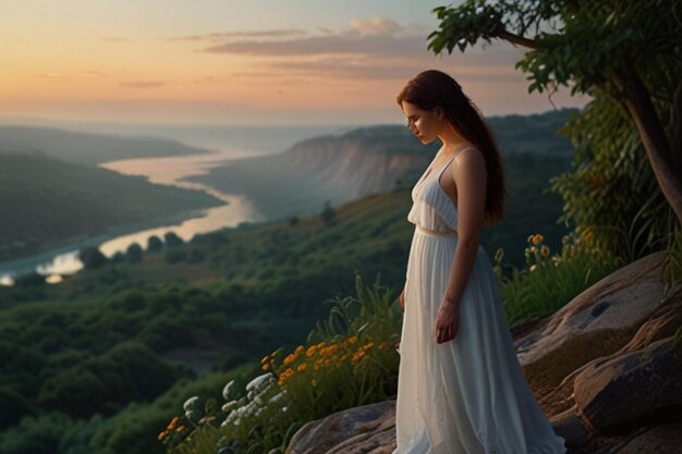 Photo serene woman overlooking a vibrant landscape at sunset